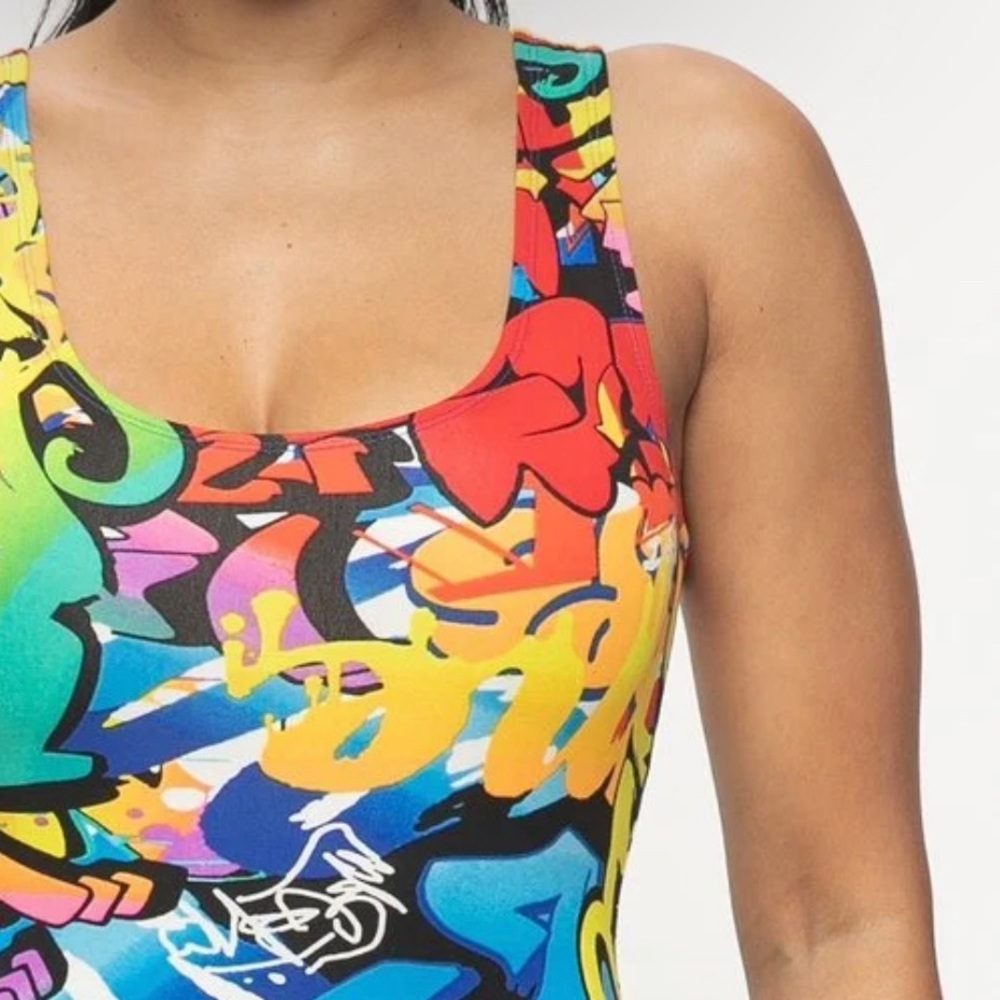NEW TRENDY MULTI COLOR GRAFFITI TANK TOP BODYCON MIDI DRESS - Picture 7 of 14